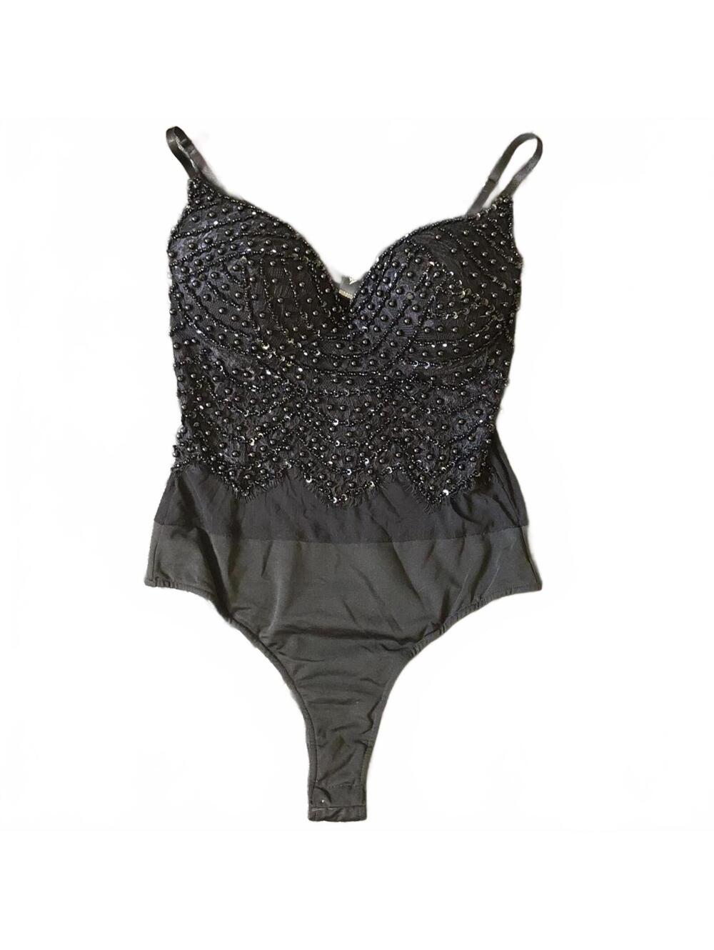 Windsor Black Beaded Lace Bodysuit with Adjustable Straps Size Small